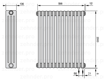 Схема (чертеж) Радиатор Zehnder Charleston 4200/13 №5510 Белый глянцевый RAL 9016